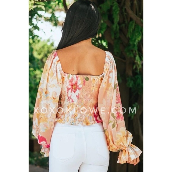 Pink & Yellow Floral Smocked Bubble Sleeve Blouse - Picture 13 of 16